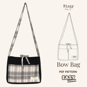 Può includere: Una borsa a fiocco nera e a quadri grigi con un cinturino abbinato. La borsa presenta un dettaglio a fiocco e una piccola etichetta "Nizzy". L'immagine include anche un disegno a tratto della borsa e il testo "Bow Bag", "PDF Pattern" e "Easy Beginner".