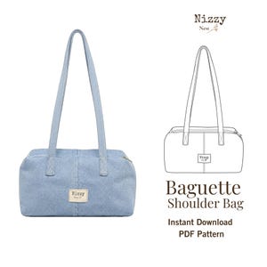 Puede incluir: Un bolso de hombro de mezclilla azul claro con dos correas largas y una etiqueta rectangular que dice Nizzy Nest. Al lado hay un dibujo lineal en blanco y negro del mismo bolso con el texto Baguette Shoulder Bag y Instant Download PDF Pattern.