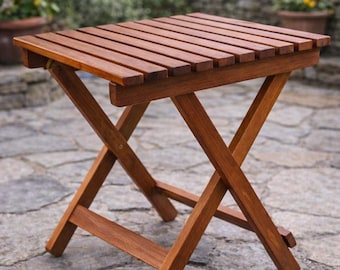 Mesa de centro plegable Adirondack de madera hecha a mano, mesa auxiliar para patio exterior, mesa de jardín plegable de color marrón natural, muebles rústicos para terraza.