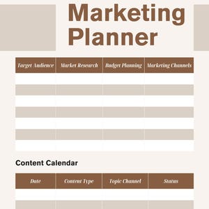Könnte beinhalten: Ein beigefarbener und brauner Marketingplaner mit dem Text "Marketing Planner" in großen, fetten Buchstaben. Der Planer enthält Abschnitte für Zielgruppe, Marktforschung, Budgetplanung und einen Inhaltskalender.