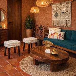 Wooden Ottoman Pouffe Stool Set of 2 |  Upholstered Side Stool for Living Room Bedroom Dressing Table | Walnut finish