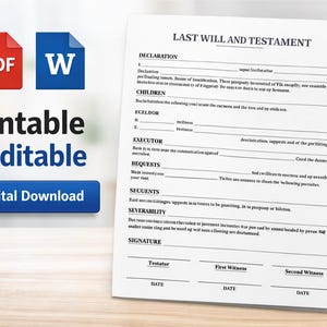 Last Will and Testament Template | Printable Will Form - (PDF, Google Doc, Word) | Estate Planning Document | Legal Asset Distribution