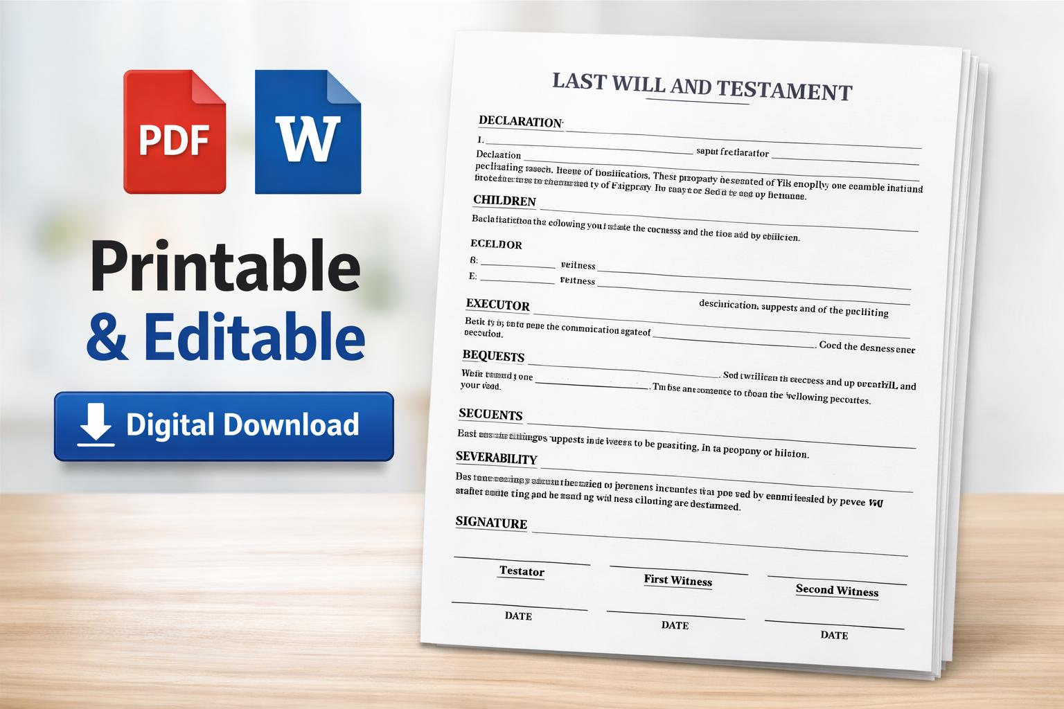 Last Will and Testament Template | Printable Will Form - (PDF, Google ...