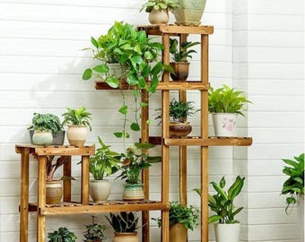 Soporte para plantas de madera de teca – Soporte multiusos de madera para macetas y jarrones | Estante para plantas de interior y exterior | Mesa auxiliar para sala de estar (60F)