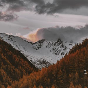 Könnte beinhalten: Landschaftsfotografie einer Bergkette mit schneebedeckten Gipfeln. Der Vordergrund zeigt dichte, orangefarbene Bäume, während der Himmel mit dunklen Wolken bedeckt ist. Der Text "Landscape Photography" befindet sich unten.