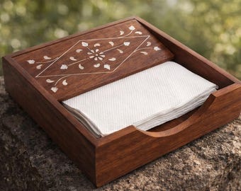 Carved Wooden Napkin Holder, Rustic Rosewood Tissue Holder for Dining Table, Farmhouse Kitchen Napkin Stand, Decorative Table Organizer