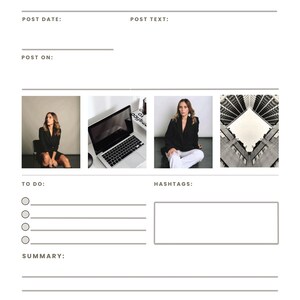 May include: A white Social Media Planner with sections for post date, text, and hashtags. Includes space for a summary and to-do list. Features four images, including a laptop and a person in a black blazer.