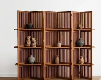 Separador de ambientes de madera con estantes | Mampara de privacidad plegable de 6 paneles | Separador independiente de madera de mango para sala de estar y dormitorio