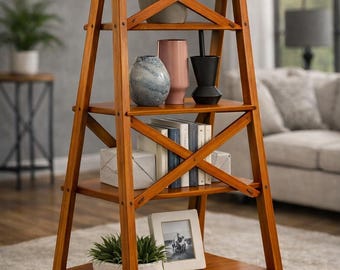 Libreria a scala in legno a 4 ripiani | Scaffale moderno autoportante | Espositore aperto per libri, piante e oggetti decorativi |