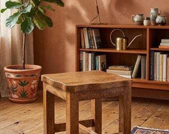 Taburete de oficina de madera, taburete cuadrado sólido, asiento minimalista de madera para oficina en casa, cocina, tocador o reposapiés.