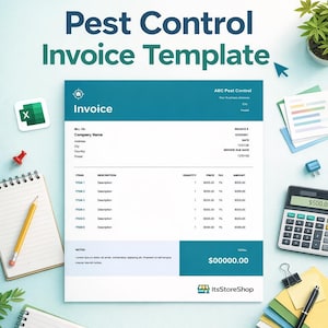 Könnte beinhalten: Eine Schädlingsbekämpfungsrechnungsvorlage mit einem türkisfarbenen Header und einem weißen Textkörper. Die Rechnung enthält Felder für Unternehmensinformationen, Artikelbeschreibungen und Summen. Büromaterial wie ein Taschenrechner, ein Notizblock und ein Stift sind ebenfalls sichtbar.
