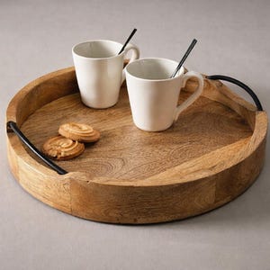 Rustic Round Wooden Serving Tray with Iron Handles, Mango Wood Serving Platter 10 Inch, Decorative Coffee Table Tray, Dining Organizer