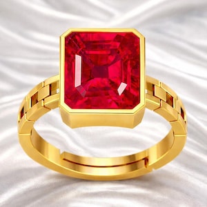 Ratti Natural Ruby Ring, Gold Plated Adjustable Red Gemstone Ring for Men & Women, Bold Statement Square Cut Ring Gift