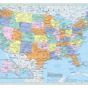 May include: A detailed map of the United States, with each state coloured differently. The map includes the Pacific and Atlantic Oceans, and insets for Alaska and Hawaii. The map is labelled "United States Map".