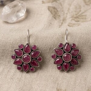 Silver & Ruby Blossom Earrings | Floral Red Stone Drop Earrings | Elegant Ethnic Statement Jewelry for Women
