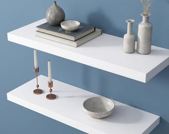 White Wooden Floating Wall Shelves Set of 2 – Modern Wall Rack for Living Room, Bedroom & Kitchen | Minimalist Wall Mount Storage Shelf