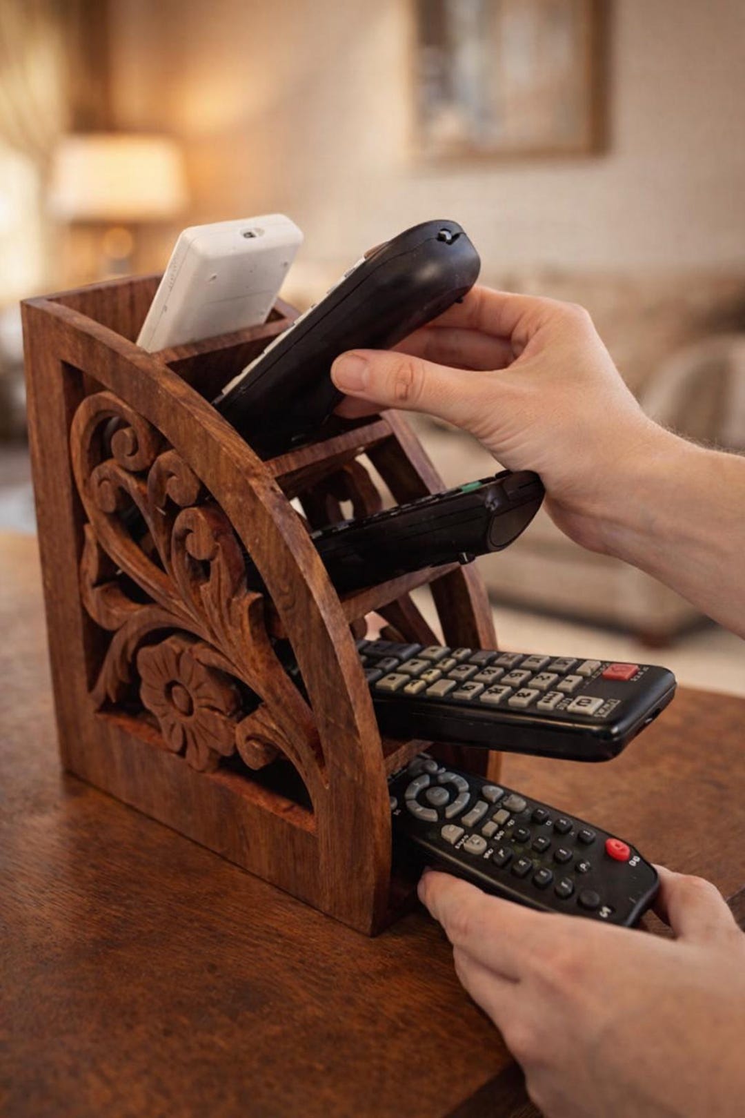 Wooden Remote Stand Wall Shelf Organizer | 4 Slot TV Remote Holder Rack ...