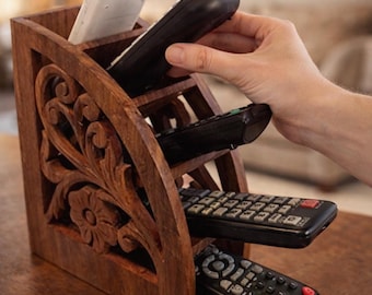 Wooden Remote Stand Wall Shelf Organizer | 4 Slot TV Remote Holder Rack | Wall Mounted Storage Shelf for Living Room Bedroom Office |