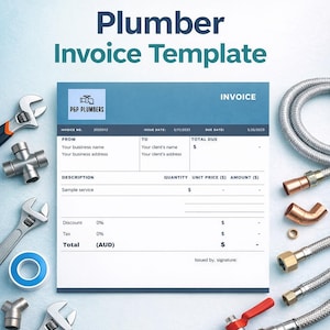 Könnte beinhalten: Eine blau-weiße Rechnungsvorlage für Klempner mit dem Text "Plumber Invoice Template". Die Rechnung enthält Felder für Geschäfts- und Kundeninformationen, mit Sanitärwerkzeugen und -armaturen im Hintergrund.
