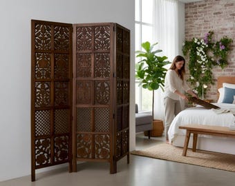 Carved Wooden Room Divider Folding Screen, Royal Jali Partition Panel, Decorative Privacy Screen for Living Room, Bedroom & Office