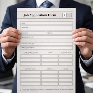 May include: A person holding a Job Application Form. The form has fields for name, address, phone number, email, and employment history. The text "Job Application Form" is at the top. The person is wearing a dark blue suit and a tie.
