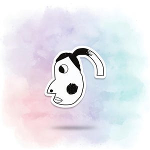 May include: A white sticker depicting a cartoon face with black outlines. The face has a large eye, a prominent nose, and a small mouth. A black spot is on the cheek, and a curved shape extends from the head. The background is a watercolour wash.