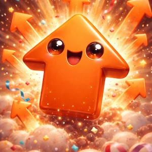 May include: An orange arrow character with large eyes and a smiling mouth, surrounded by other arrows, confetti, and ribbons. The background features clouds and sparkling light effects, creating a celebratory and uplifting visual.