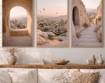 Set di stampe murali Cappadocia, paesaggi neutri, trittico con mongolfiere (download digitale)