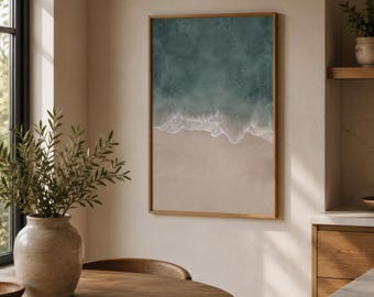 Stampa aerea della spiaggia, arte murale costiera giapponese, paesaggio marino minimalista (download digitale)