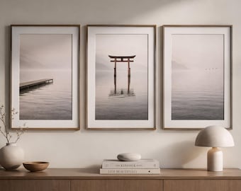 Set di 3 stampe Japandi Lake, fotografia minimalista e neutra, trittico zen e rilassante (download digitale)