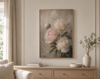 Quadro vintage con peonie color crema, stampa floreale romantica, arredamento parigino in stile cottagecore (download digitale)