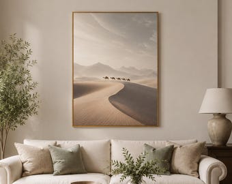 Carovana di cammelli, paesaggio desertico, poster giapponese con montagne beige (download digitale)