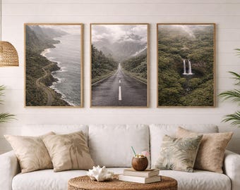 Stampe di paesaggi hawaiani, set di 3 immagini di cascate tropicali e paesaggi costieri da appendere al muro (download digitale)