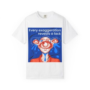 誇張は欠如を露呈する、グラフィックTシャツ｜シュールな目のイラスト、青赤プリント