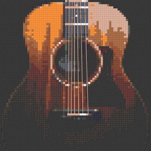 May include: Acoustic guitar illustration with a pixelated design. The guitar features a brown body, a dark sound hole, and strings. The neck and headstock are visible, with a dark background.