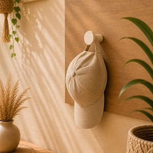 May include: A beige baseball cap hangs from a white hook on a wooden wall. The cap has a curved brim and a button on top. The wall is a light brown color, and the hook is circular. The scene is illuminated by natural light.