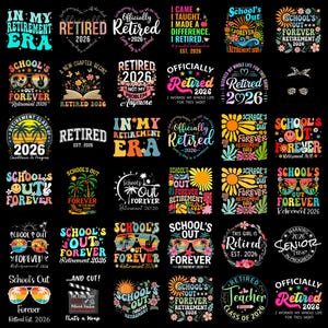 Può includere: Una collezione di grafiche colorate con testo relativo alla pensione e alla fine della scuola. I disegni includono frasi come "Retired 2026", "School's Out Forever" e "In My Retirement Era".