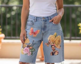 Womens size 14-16, Frida Kahlo, long distressed, boho, applique, upcycled shorts