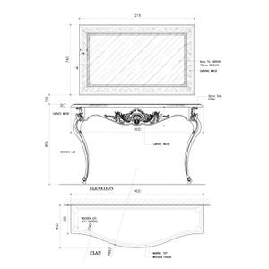 以下が含まれることがあります： 大理石の天板とマッチする鏡が付いた、彫刻された木製のコンソールテーブルの建築図面。 テーブルの幅は140cm、高さは85cmで、装飾的なディテールが施されています。 鏡の幅は121.9cm、高さは74cmです。