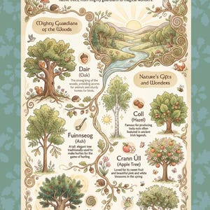 May include: An illustrated poster titled "Ancient Trees of Ireland" features seven native trees with their names in English and Gaelic. The poster includes illustrations of each tree, along with details about their significance and uses. The design is framed with Celtic knotwork.