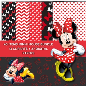 Pode incluir: Um pacote digital com a Minnie Mouse. A imagem inclui vários padrões em vermelho, branco e preto, com corações, laços e desenhos em zigue-zague. A Minnie Mouse é retratada com seu vestido e laço clássicos de bolinhas vermelhas e brancas. O texto diz "40 ITEMS MINNI MOUSE BUNDLE 13 CLIPARTS + 27 DIGITAL PAPERS."