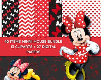 Minnie Mouse Clipart & Digitalt Papper Bundle, Röda Prickiga Designs (Digital Nedladdning)