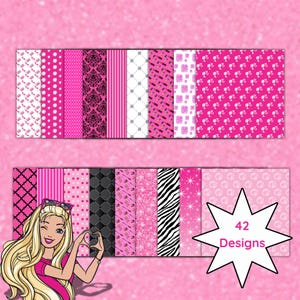 May include: A collection of 42 designs in pink, black, and white. Patterns include polka dots, stripes, damask, and a zebra print. A cartoon illustration of a blonde woman is shown making a heart shape with her hands. The designs are for paper.