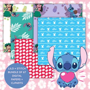 May include: A bundle of digital papers and cliparts featuring Lilo & Stitch characters. The designs include Stitch holding a heart, patterns with Stitch, Lilo, and tropical elements in various colors like blue, green, red, and purple. The text reads "LILO + STITCH BUNDLE OF 67 DIGITAL PAPERS + CLIPARTS."