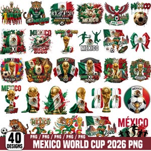 May include: A collection of 40 digital graphic designs featuring Mexico World Cup 2026 themes, including footballs, the FIFA World Cup trophy, Mexican flags, jaguars, and stylised text reading Mexico and 2026, presented in a grid layout.