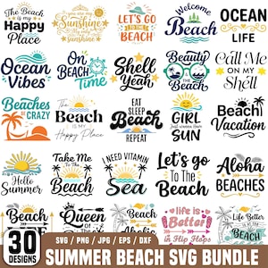 Op de afbeelding: Een digitale collectie van 30 strand-thema grafische ontwerpen met typografie en illustraties van zonnen, palmbomen, golven en schelpen. De tekst bevat zinnen zoals The Beach is my Happy Place, Ocean Vibes en Summer Beach SVG Bundle.