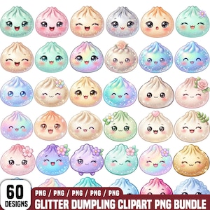 May include: A collection of 60 digital illustrations featuring round, glittery dumplings with various pastel colors, smiling faces, and floral accents. The bottom text reads 60 DESIGNS PNG PNG PNG PNG PNG GLITTER DUMPLING CLIPART PNG BUNDLE.