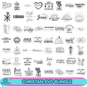 Puede incluir: Una colección de 50 diseños SVG cristianos en negro, con varias citas inspiradoras y símbolos religiosos. Incluye frases como "Fe", "Jesús" y "Estate quieto", ideal para proyectos de manualidades.