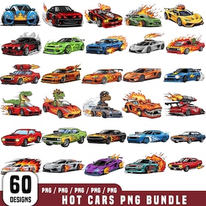 Può includere: Una collezione di 60 design di auto sportive in stile cartone animato. Ogni auto è raffigurata con fiamme ed elementi dinamici, in colori vivaci. Il testo "HOT CARS PNG BUNDLE" è incluso.