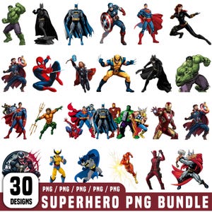 May include: A collection of 30 superhero PNG designs, featuring characters like Batman, Superman, and Captain America. The images showcase various superheroes in action poses, with vibrant colors and detailed illustrations. The text "SUPERHERO PNG BUNDLE" is also included.